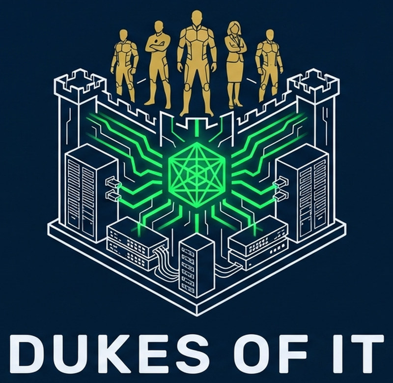 Dukes of IT — an isometric fortified data centre with senior consultants standing on the ramparts